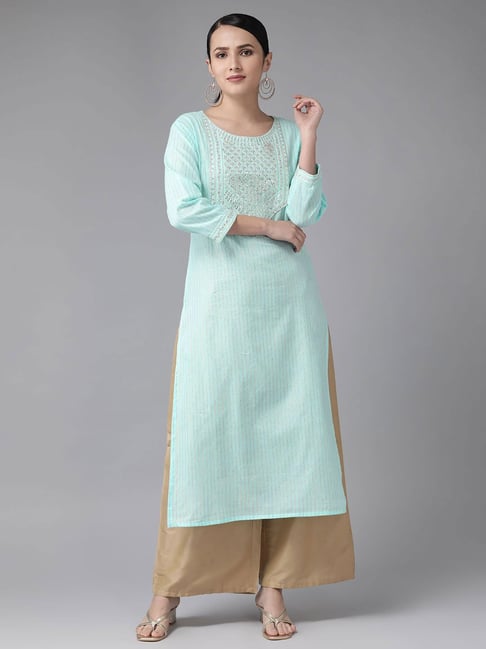 Yufta Turquoise Embellished A Line Kurta Price in India