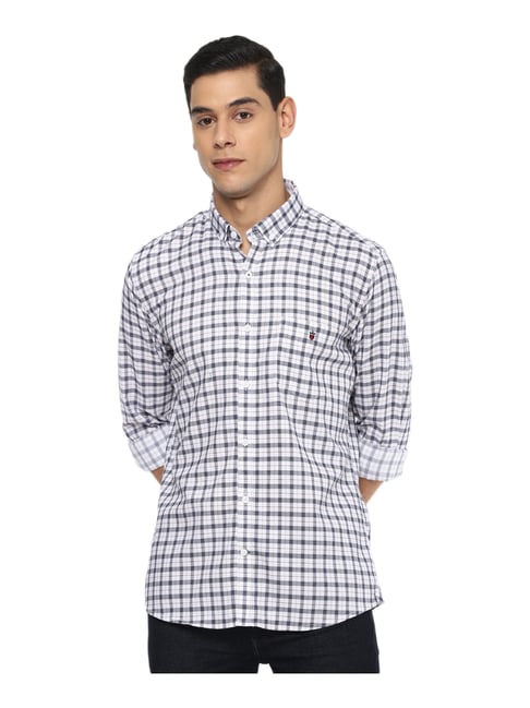 Louis Philippe White Cotton Slim Fit Checks Shirt