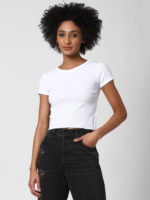 Forever 21 White Regular Fit Crop T-Shirt Price in India