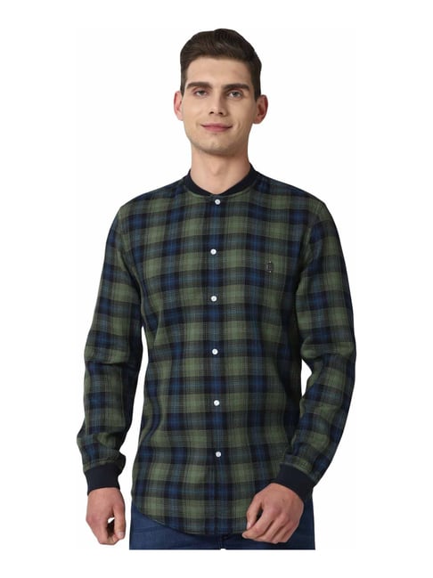 Peter England Green Cotton Slim Fit Checks Shirt