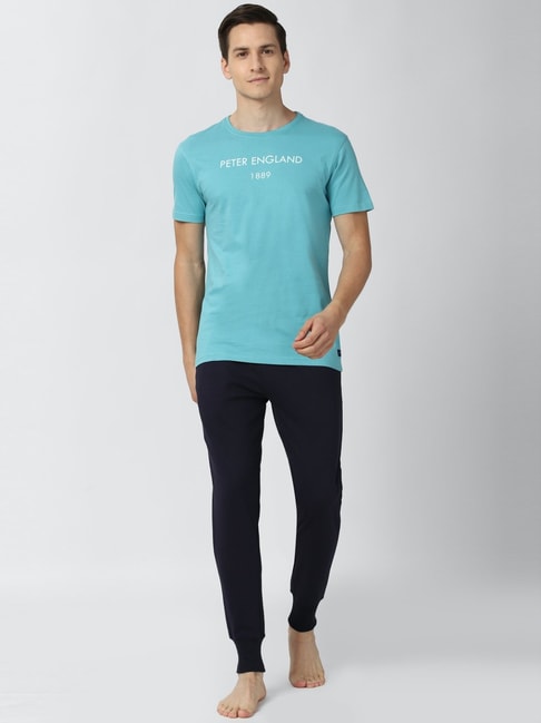 Peter England Blue Cotton Regular Fit Logo Printed T-Shirt & Joggers