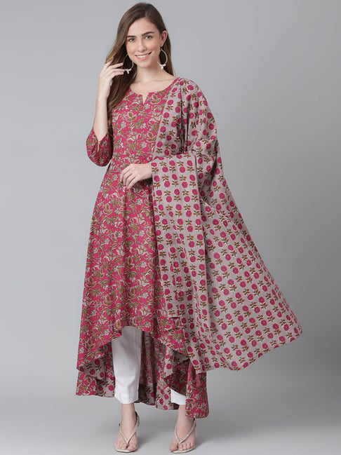 Khushal K Pink Printed Cotton Kurta With Dupatta Price in India