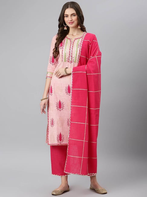 Khushal K Pink Cotton Kurta With Palazzo And Dupatta Khushal K Clothing Tata Cliq 7664