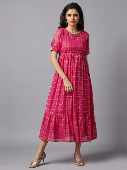 Aurelia Pink Printed A-Line Dress Price in India