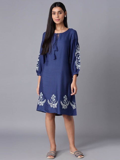 W Navy Embroidered A-Line Dress Price in India
