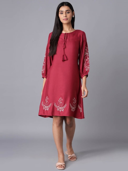 W Red Embroidered A-Line Dress Price in India