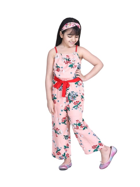 StyleStone Kids Peach Printed Jumpsuit with Belt