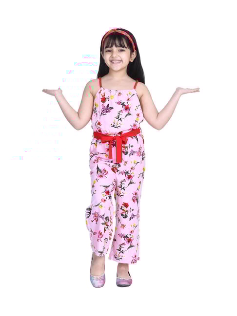 StyleStone Kids Pink Printed Jumpsuit with Belt