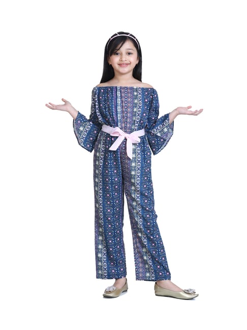 StyleStone Kids Blue Printed Jumpsuit with Belt