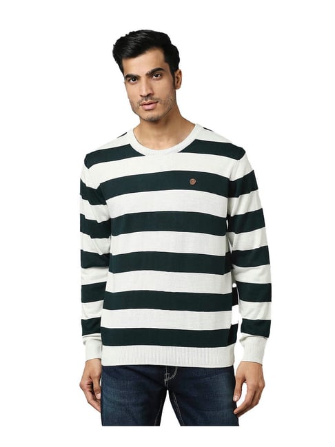 Buy Raymond Dark Green White Striped Sweater for Men Online