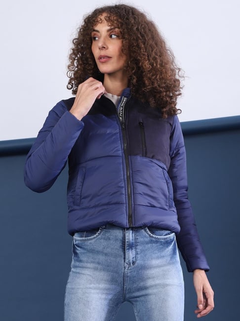 Campus Sutra Navy Blue Quilted Jacket