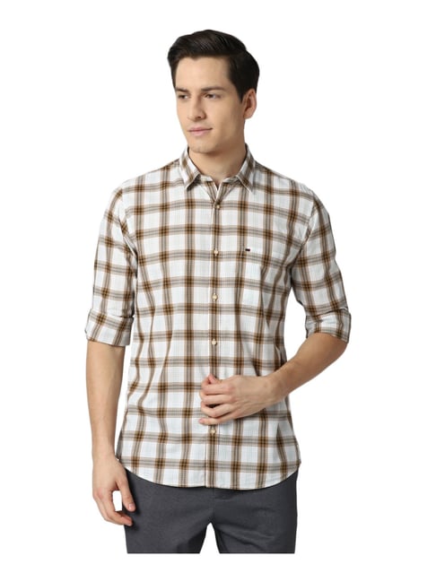 Peter England White & Brown Cotton Slim Fit Checks Shirt