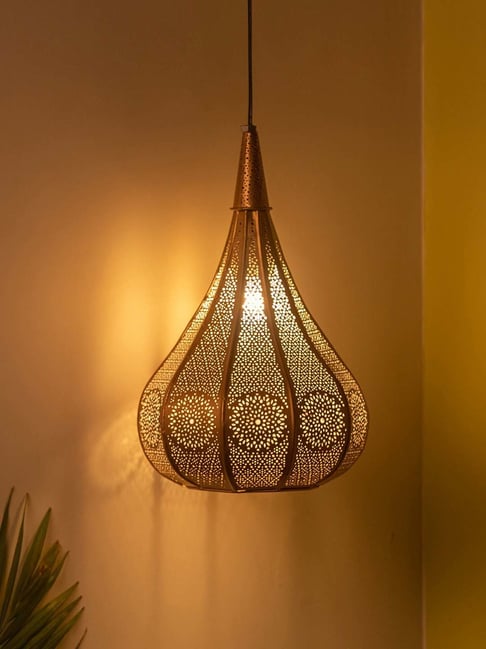 ExclusiveLane 'Morrocan Flame' Metallic Brown Iron Hand-Etched Pendant Lamp - Set of 1