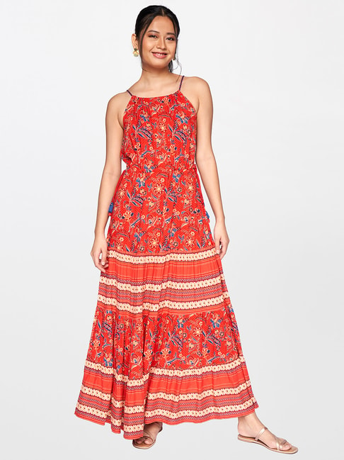 Global Desi Red Floral Print Dress Price in India