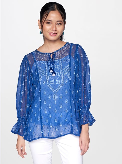 Global Desi Medium Blue Self Design Top