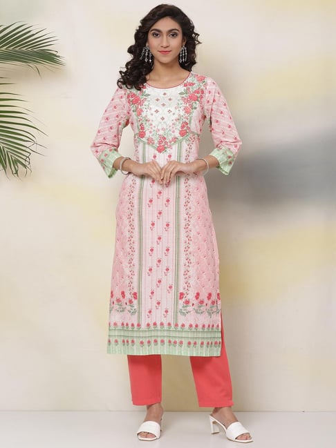 Biba Pink Cotton Embellished A Line Kurta Price in India