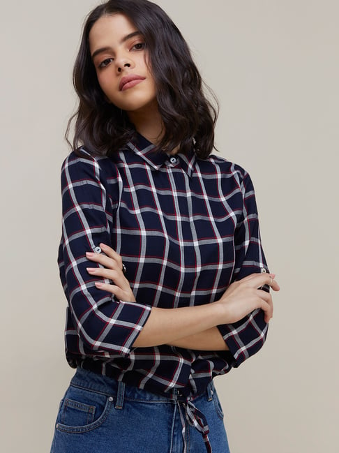 Nuon by Westside Navy Checkered Cropped Casual Shirt Price in India