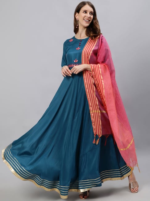 Jaipur Kurti Blue Embroidered Kurta With Dupatta Price in India