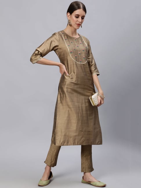 Jaipur Kurti Dark Beige Embroidered Kurta Pant Set