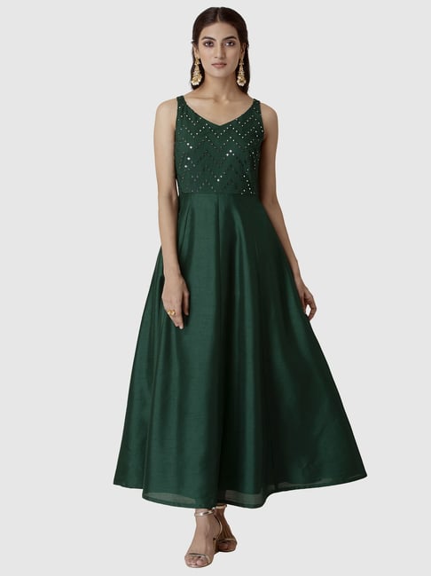 Buy Women Light Green Foil Print Layered Anarkali Suit Set With Churidar  And Mesh Dupatta - Yellows & Greens - Indya