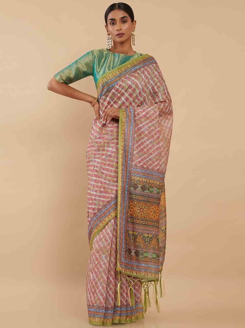 Soch Pink Chequered Saree With Unstitched Blouse Piece Price in India