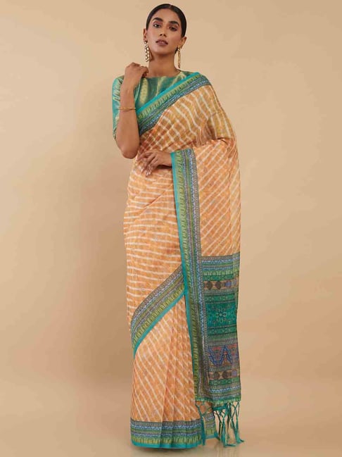 Soch Orange Striped Saree With Unstitched Blouse Piece Price in India