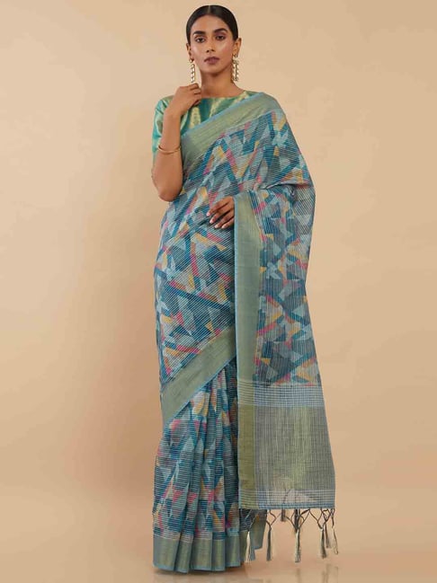 Soch Blue Printed Saree With Unstitched Blouse Piece Price in India