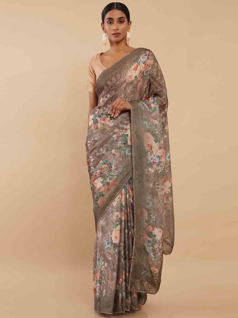 Soch Brown Floral Print Saree With Unstitched Blouse Piece Price in India