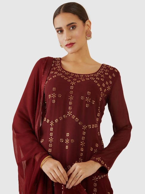 Buy Soch Maroon Embellished Kurta Leggings Set With Dupatta for Women ...