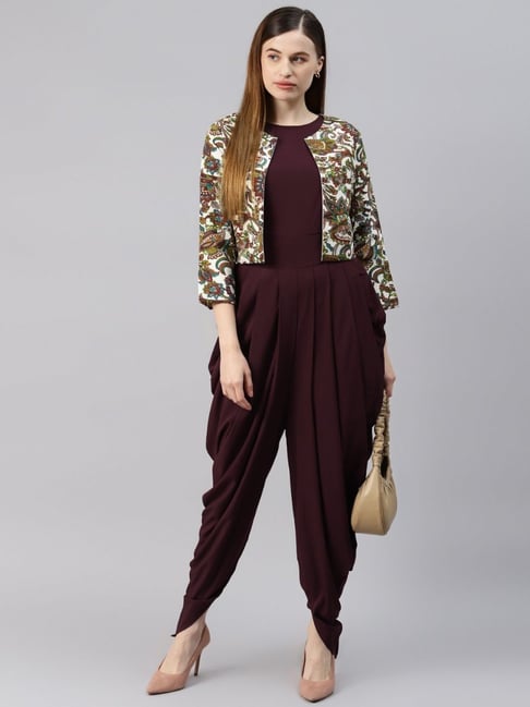 Cottinfab Multicolor Printed Crepe Jumpsuit With Jacket-image-1
