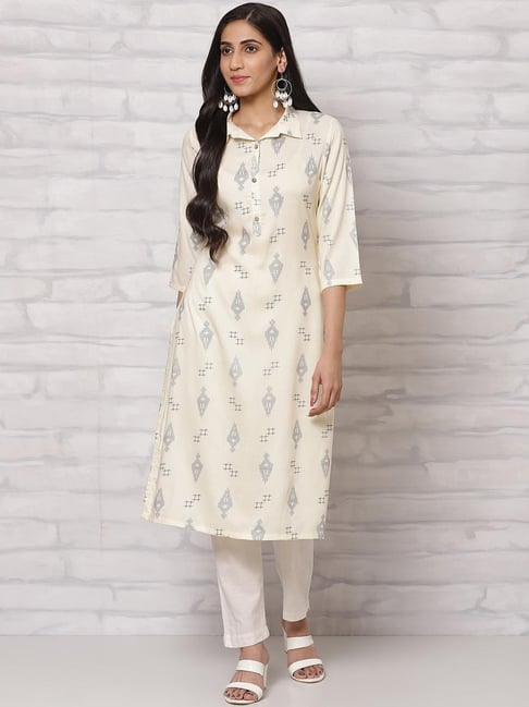 Rangriti Off-White Printed Straight Kurta