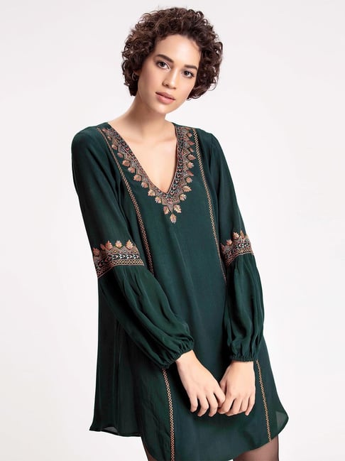 SHAYE Green Embroidered Tunic Dress Price in India