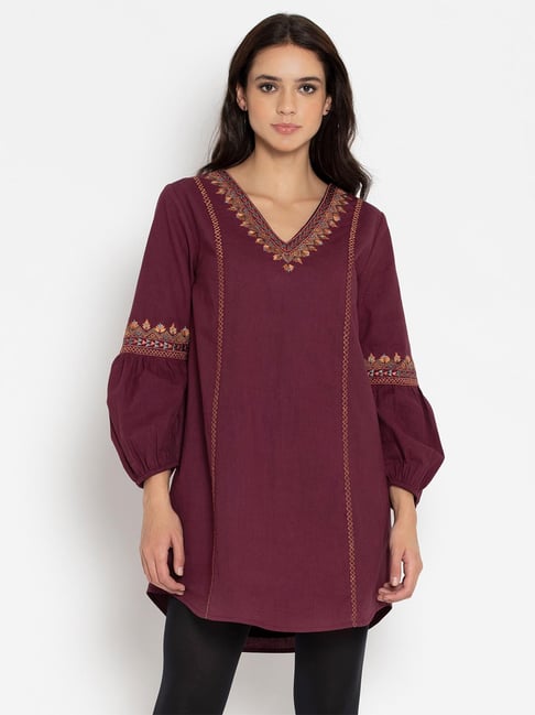 SHAYE Maroon Embroidered Tunic Dress Price in India