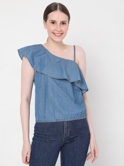 Jumpsuits & Co-ords | Denim skirt with white one shoulder top | Freeup