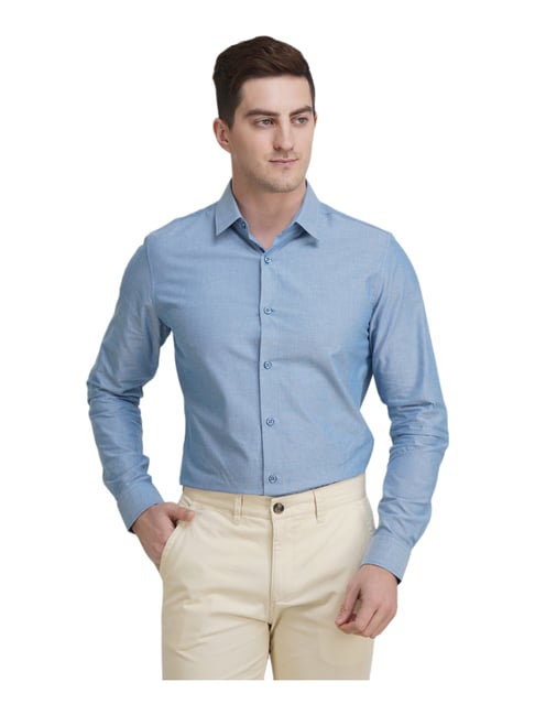 United Colors of Benetton Blue Cotton Slim Fit Self Pattern Shirt