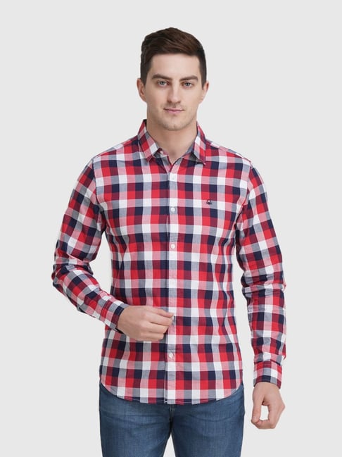 United Colors of Benetton Red Cotton Slim Fit Checks Shirt