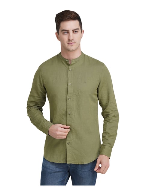 United Colors of Benetton Olive Green Linen Slim Fit Shirt