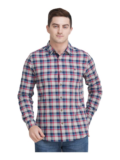 United Colors of Benetton Grey & Blue Cotton Slim Fit Checks Shirt