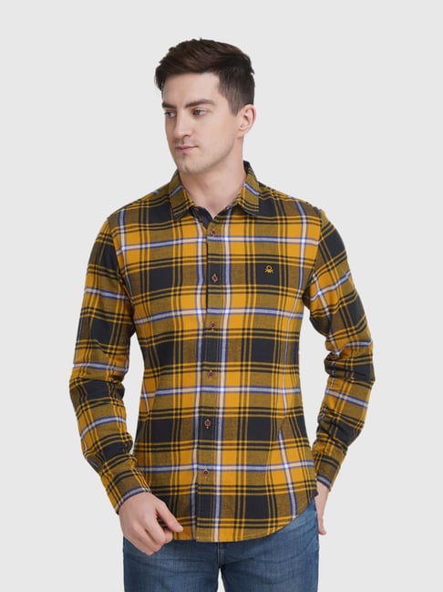 United Colors of Benetton Yellow Cotton Slim Fit Checks Shirt