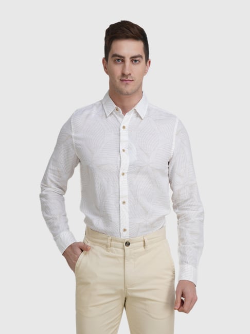 United Colors of Benetton White Linen Slim Fit Printed Shirt