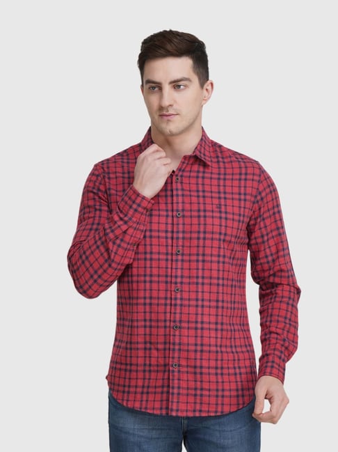 United Colors of Benetton Red Cotton Slim Fit Checks Shirt