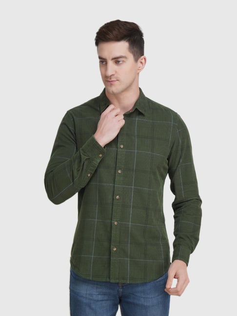 United Colors of Benetton Olive Green Cotton Slim Fit Checks Shirt