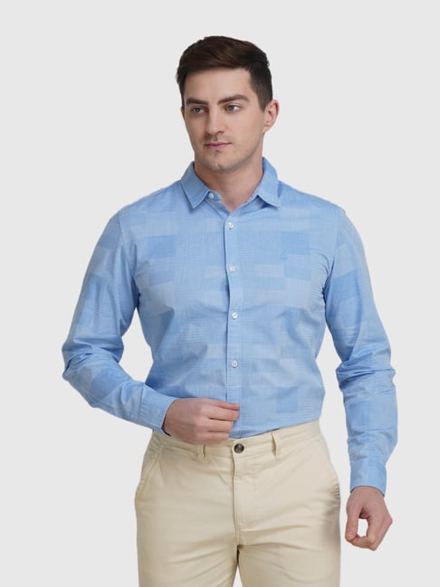 United Colors of Benetton Blue Cotton Slim Fit Self Pattern Shirt