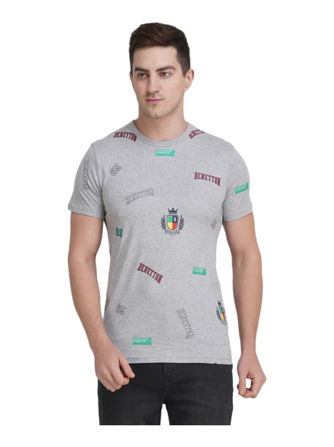 United Colors of Benetton Grey Cotton Regular Fit Printed T-Shirt