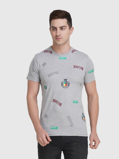 United Colors of Benetton Grey Cotton Regular Fit Printed T-Shirt