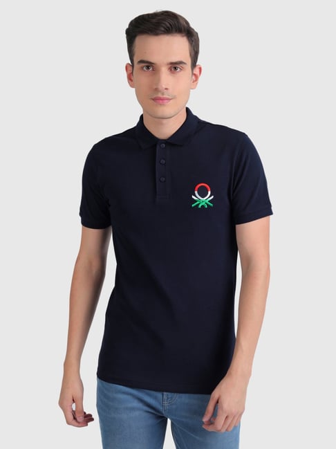 United Colors of Benetton Navy Cotton Slim Fit Logo Printed Polo T-Shirt