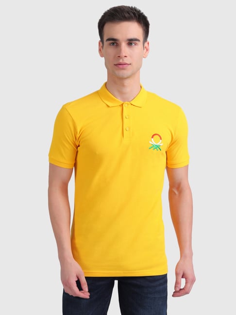 United Colors of Benetton Yellow Cotton Slim Fit Logo Printed Polo T-Shirt