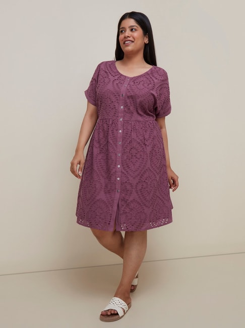 Gia Curves by Westside Dark Mauve Broderie Anglaise Dress Price in India