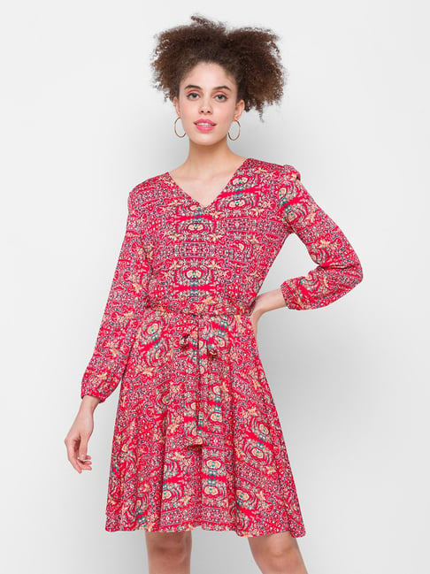 Globus Red Printed A-Line Dress Price in India