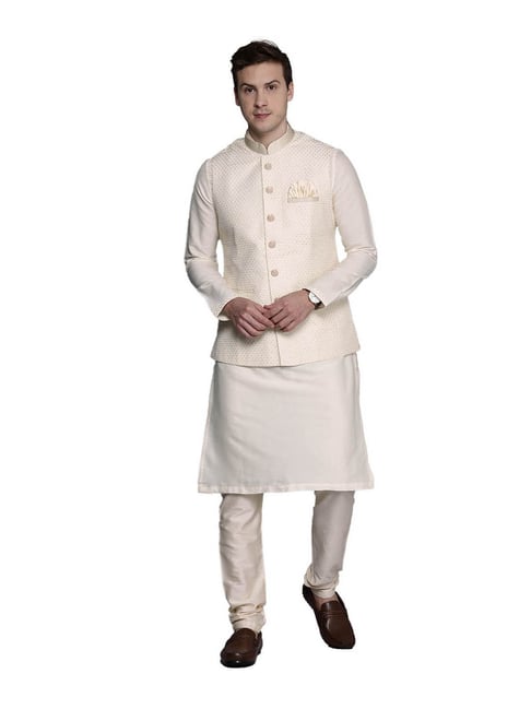 Mesmeric Silk Fabric Function Wear Cream Kurta Pyjama With Wine Color Jacket